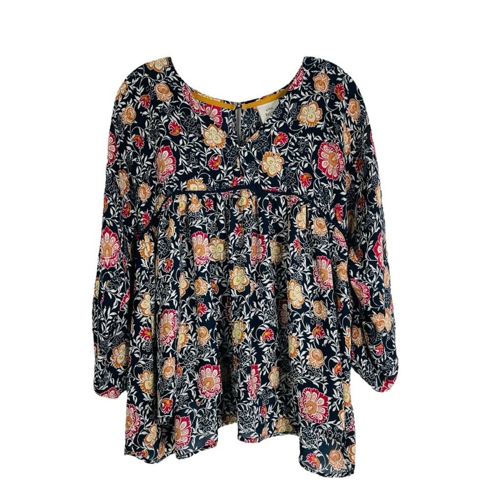 Knox Rose blue white orange floral boho flouncy blouse popover top medium